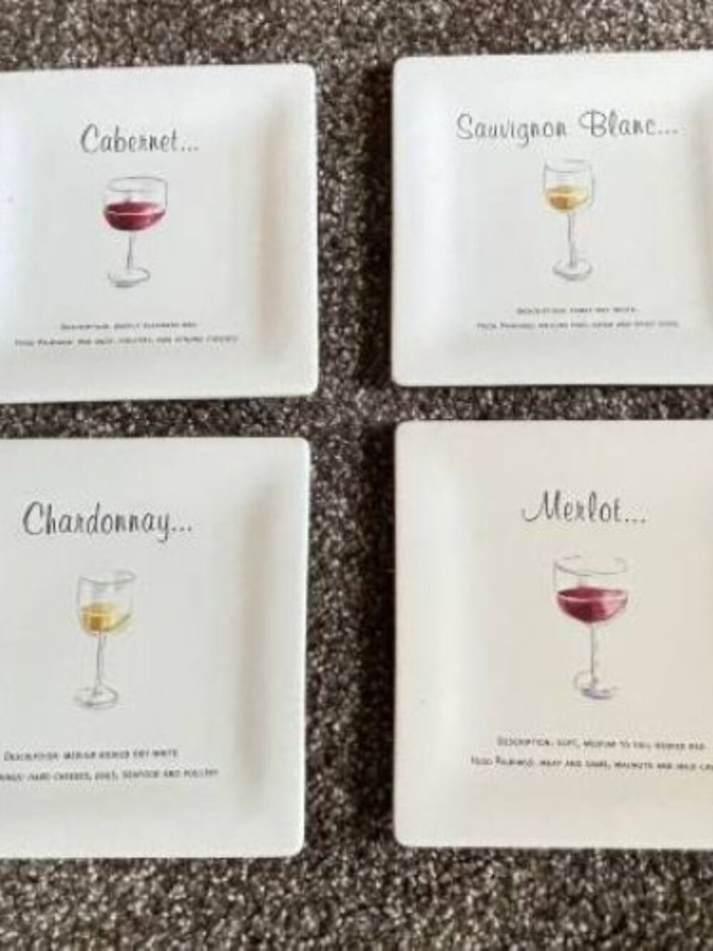 NEW! 4 Pottery Barn 'Wine Guide' Square Dessert Plates 6 1/2"